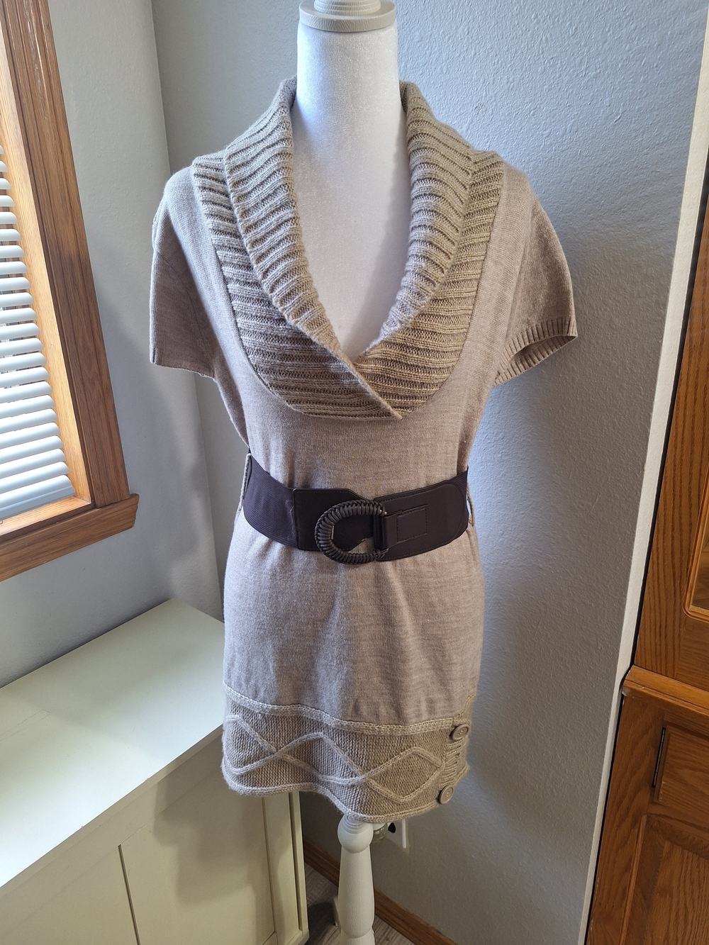 Y2K BONGO Taupe Cowl Neck Short-Sleeve Sweater Dress